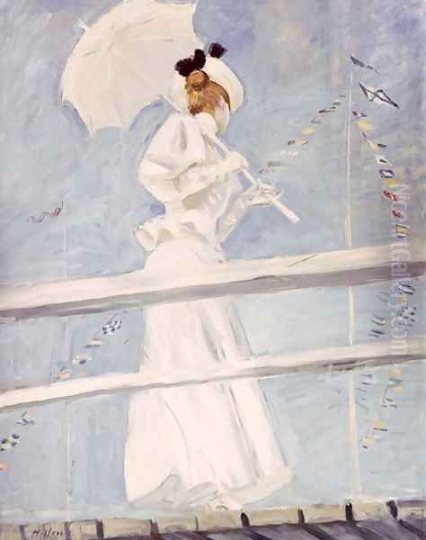 Young Woman with a Parasol on a Jetty Oil Painting by Paul Cesar Helleu