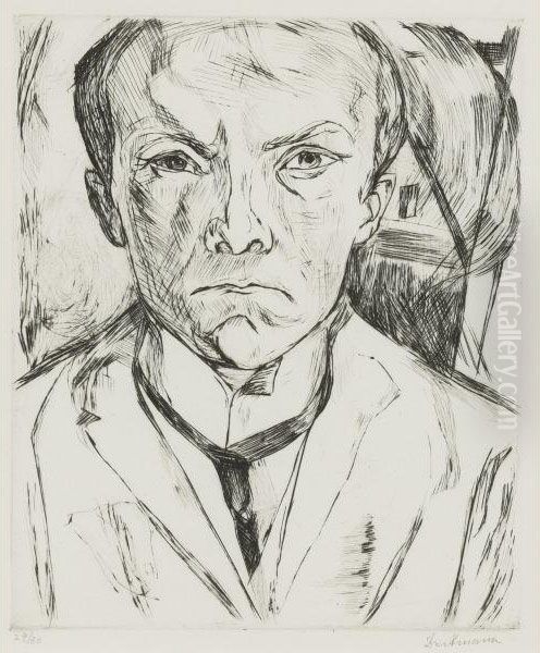 Frontal Self-portrait With House Gable In Background Oil Painting by Max Beckmann