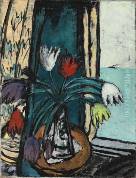 Stilleben Mit Tulpen Und Ausblick Aufs Meer Oil Painting by Max Beckmann