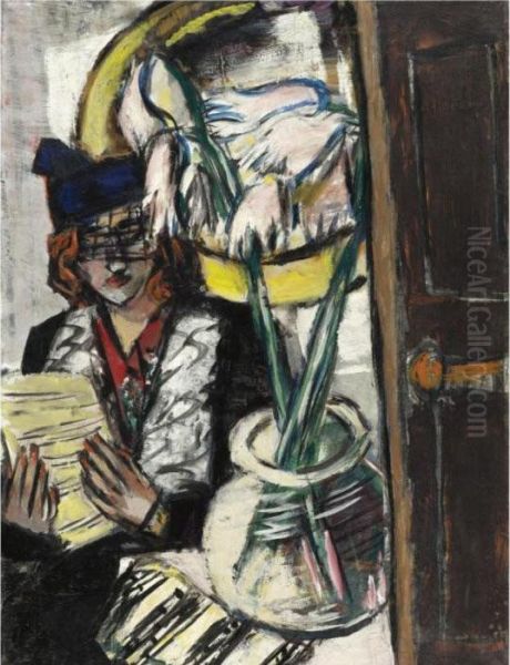 Frau Mit Blumen (woman With Flowers) Oil Painting by Max Beckmann