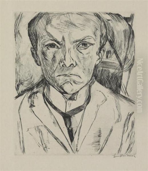 Frontal Self-portrait With House Gabe In Background (hofmaier,125) Oil Painting by Max Beckmann