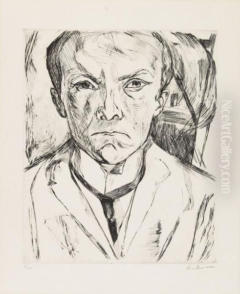 Selbstbildnis Von Vorn, Imhintergrund Hausgiebel Oil Painting by Max Beckmann