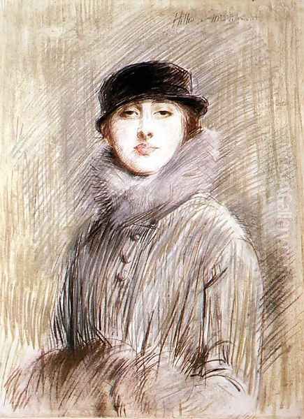 Portrait of a Lady with a Fur Collar and Muff Oil Painting by Paul Cesar Helleu