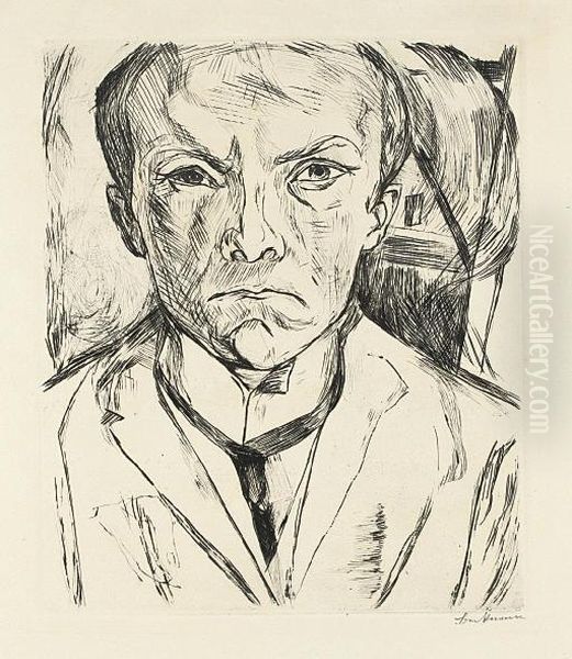 Frontal Self-portrait With House Gable In Background (hofmaier 125 Ii B.a.) Oil Painting by Max Beckmann