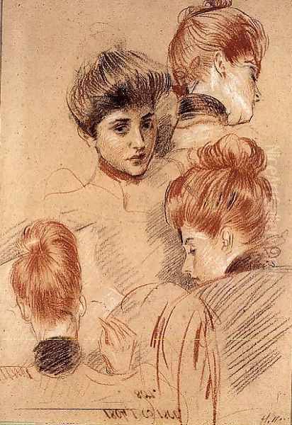 Studies of Mme. Helleu and Mme. Clarighy, c.1892-95 Oil Painting by Paul Cesar Helleu