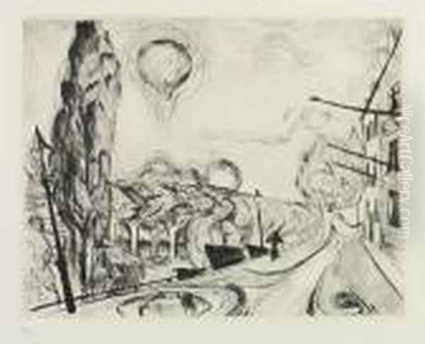 Landschaft Mit Ballon. Blatt 14 Der Folge <gesichter>. Oil Painting by Max Beckmann