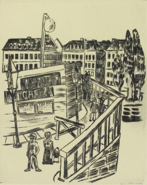 Holzbrucke. - Holzbrucke Uber Den Main In Frankfurt. Oil Painting by Max Beckmann