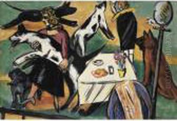 Madchen Mit Hunden Spielend (girls Playing With Dogs) Oil Painting by Max Beckmann