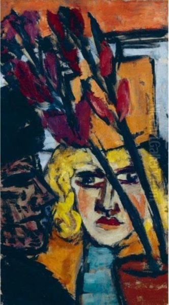 Zwei Frauen Mit Blume (two Women With Flower) Oil Painting by Max Beckmann