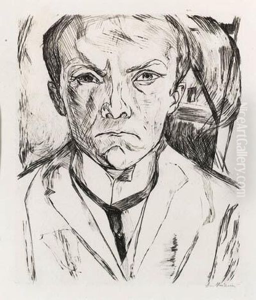 Selbstbildnis Von Vorn, Im Hintergrund Hausgiebel Oil Painting by Max Beckmann