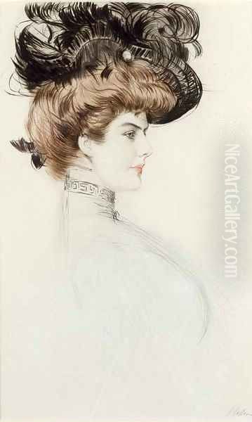 Femme au Chapeau a Plumes Oil Painting by Paul Cesar Helleu