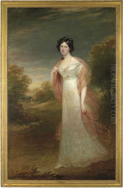 Portrait Of Ann Maria Harriet De
 Rhodes (1793-1849), Full-length, In A White Dress And Pink Chiffon 
Wrap, A Wooded Landscape Beyond Oil Painting by Sir William Beechey