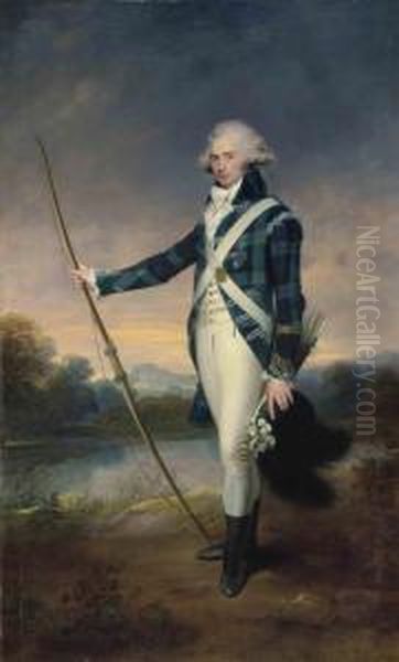 Beechey, R.a. Portrait Of 
George Douglas, 16th Earl Of Morton, K.t. ,full-length, Holding A Bow, 
In The Dress Of The Royal Company Ofarchers, Holding A Longbow And A 
Black-plumed White Cockaded Cap,in Holyrood Park, With Duddingston Loch 
And Edinb Oil Painting by Sir William Beechey