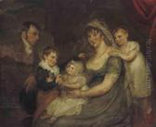 Portrait Of A Family Before A Red Curtain Oil Painting by Sir William Beechey