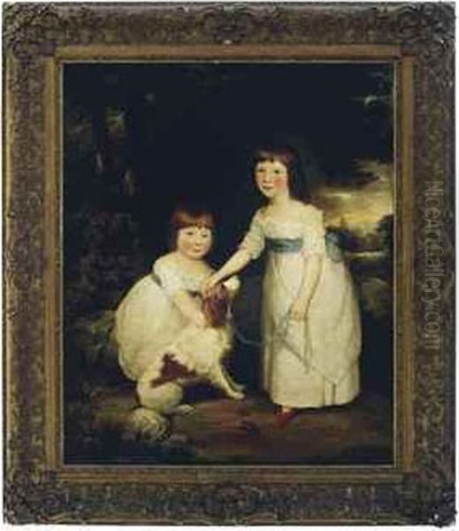 Portrait Of Two Young Sisters With A Dog In A Landscape Oil Painting by Sir William Beechey