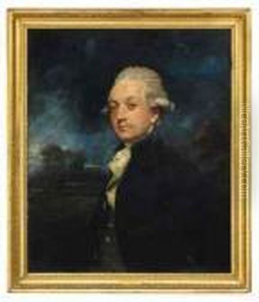 Portrait Of A Gentleman, Half-length, In A Blue Coat And Whitecravat A Landscape Beyond Oil Painting by Sir William Beechey