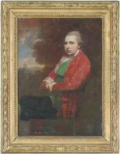 Portrait Of Charles William Le 
Geyt, Seated, Three-quarter-length,in A Red Coat, Green Waistcoat And 
Black Breeches, A Book In Hisright Hand, A Landscape Beyond Oil Painting by Sir William Beechey