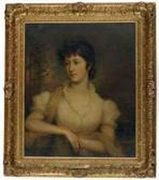 Portrait Of A Lady In A White Dress Holding A Book Oil Painting by Sir William Beechey