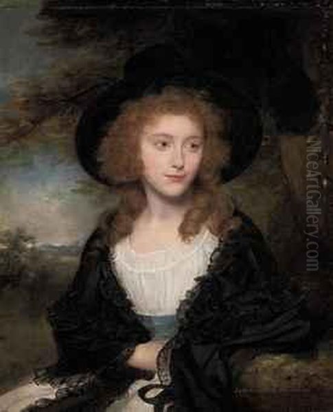 Portrait Of Lady Georgiana 
Beauclerk (1776-1791), Half-length, In Asilk Gown, With A Black Hat And 
Shawl, A Landscape Beyond Oil Painting by Sir William Beechey