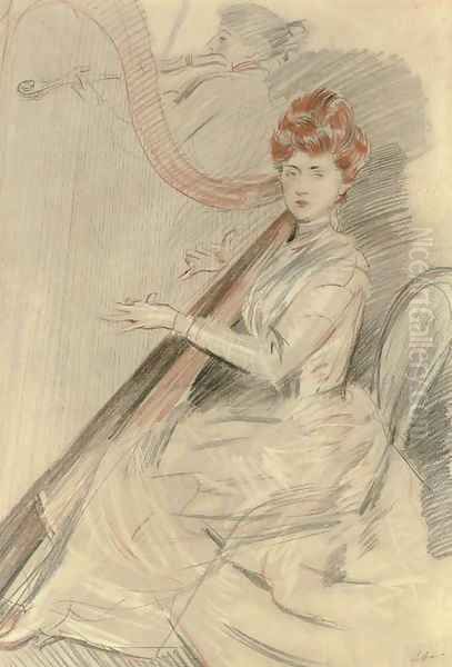 The Harpist Oil Painting by Paul Cesar Helleu