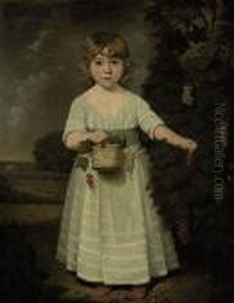 Portrait Of A Young Girl, 
Full-length, In A White Dress With A Bluesash, A Basket With Grapes In 
Her Right Hand, In A Landscape Oil Painting by Sir William Beechey