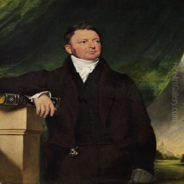 Portrait Of A Gentleman In A Black Jacket With One Hand Restingon The Bible Oil Painting by Sir William Beechey