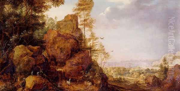 A Mountainous Lanscape With A Rocky Outcrop By The Edge Of A Wood, Goats And A Reindeer Resting By A Waterfall, A Village In An Extensive Landscape Beyond Oil Painting by Gillis Claesz. De Hondecoeter