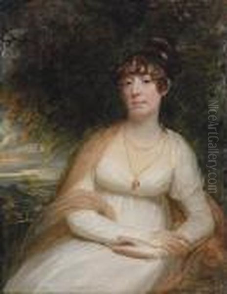 Portrait Of Josephine Sophia 
Newton, Lady Cooper, Three-quarter-length, Seated, In A White Gown, With
 A Shawl And Pendant Brooch, A Landscape Beyond Oil Painting by Sir William Beechey