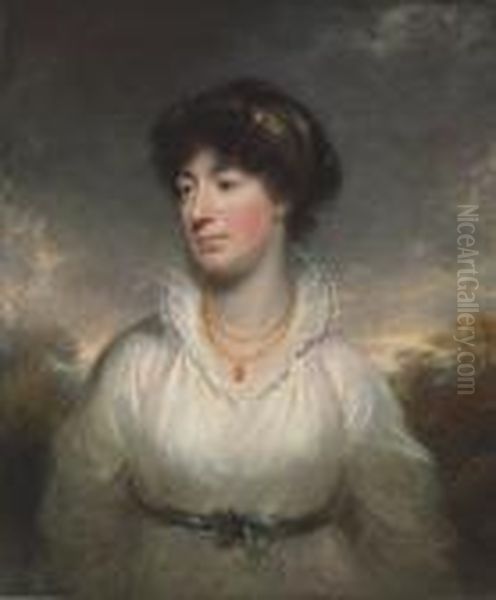 Portrait Of A Lady, Bust-length, In A White Dress, Standing In Alandscape Oil Painting by Sir William Beechey