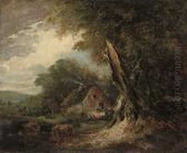 A Wooded Landscape At 'nool Bog' With Cattle Grazing By A Cottage Oil Painting by Sir William Beechey