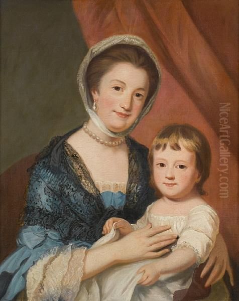 Portrait Of A Mother And Child,three-quarter-length, Seated Before A Red Curtain Oil Painting by Sir William Beechey