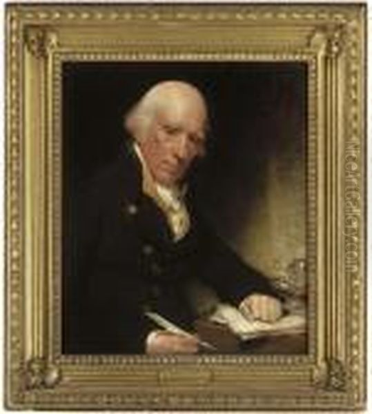 Portrait Of Warren Hastings, 
Seated At A Writing Table With Hisleft Hand On A Letter Signed With His 
Name Oil Painting by Sir William Beechey