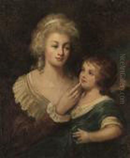 Portrait Of A Mother And Child, 
Half-length, The Former In A Reddress, The Latter In A Blue Dress, In A 
Landscape Oil Painting by Sir William Beechey