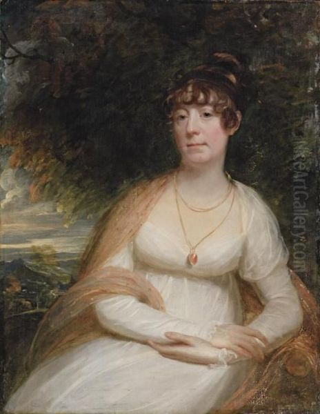 Portrait Of Josephine Sophia 
Newton, Lady Cooper,three-quarter-length, Seated, In A White Gown, With A
 Shawl Andpendant Brooch, A Landscape Beyond Oil Painting by Sir William Beechey