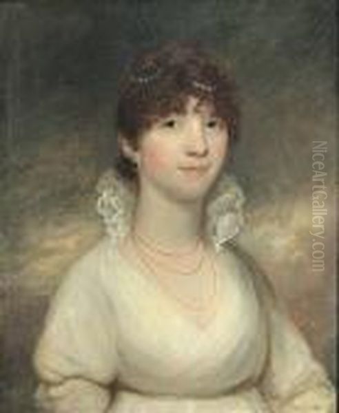 A Portrait Of A Lady In A White Dress, Said To Be Lady Stanhope Oil Painting by Sir William Beechey