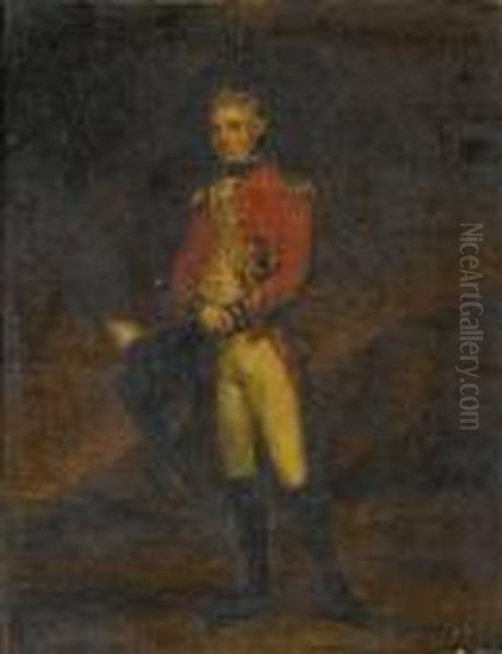 Portrait Of An Officer, Small 
Full-length, Standing In An Open Landscape With An Encampment Beyond Oil Painting by Sir William Beechey