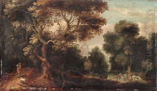 A wooded river landscape with a traveller and a dog on a path, cattle watering and figures resting, a church beyond Oil Painting by Gillis Claesz. De Hondecoeter