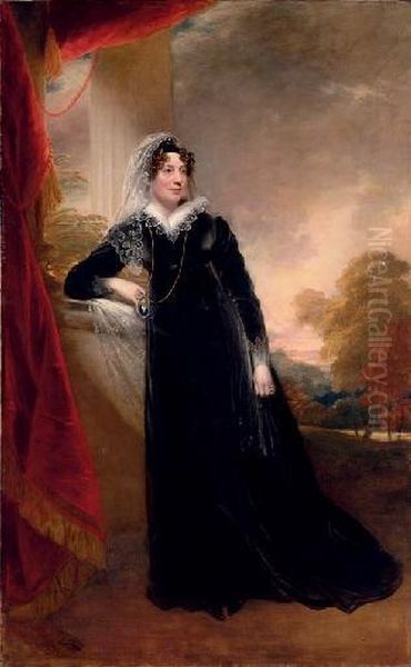 Portrait Of Mrs. Calverley 
Bewicke, Full-length, In A Black Dress, Her Right Arm On A Ledge, A 
Cameo Portrait In Her Hand, A Landscape Beyond Oil Painting by Sir William Beechey