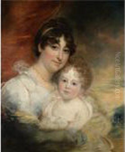 Portrait Of Mrs Goldsmith And Her Daughter Oil Painting by Sir William Beechey