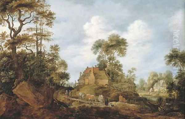 A herdsman driving cattle to water and travellers on a road, a village beyond Oil Painting by Gillis Claesz. De Hondecoeter