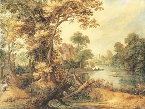 A wooded river landscape with a huntsman on a track, a village beyond Oil Painting by Gillis Claesz. De Hondecoeter