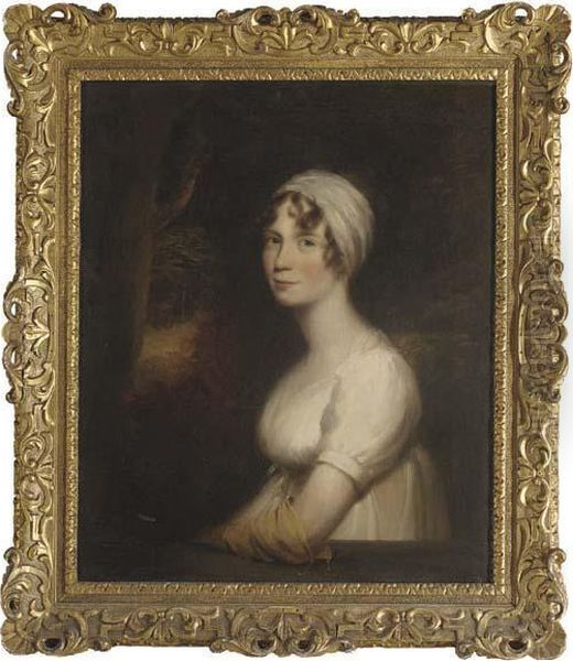 Portrait Of Miss Morley, 
Three-quarter-length, In A White Dress And Yellow Glove, A Landscape 
Beyond Oil Painting by Sir William Beechey