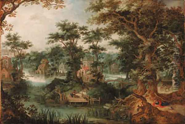 A town in a wooded river landscape with huntsmen and other figures Oil Painting by Gillis Claesz. De Hondecoeter