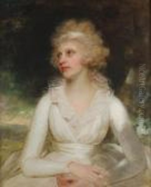 Portrait Of A Lady, Said To Be 
Mrs Daniel Raymond Barker, Half-length, In A White Dress With A Lace 
Collar Oil Painting by Sir William Beechey