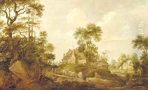 A wooded landscape with a drover and cattle on a track Oil Painting by Gillis Claesz. De Hondecoeter