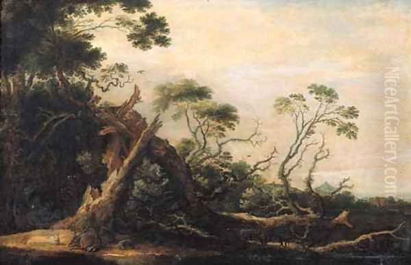 Stags and rabbits at the foot of a blasted tree in a landscape Oil Painting by Gillis Claesz. De Hondecoeter