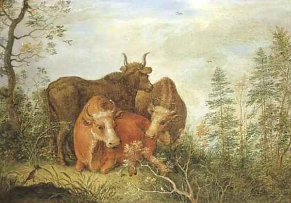 A wooded landscape with cattle in a clearing Oil Painting by Gillis Claesz. De Hondecoeter