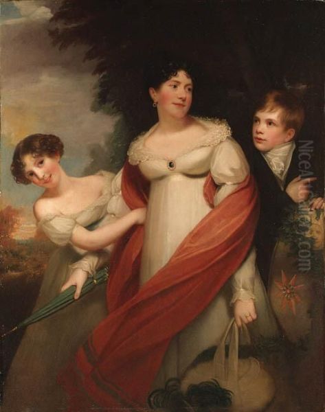 Portrait Of A Lady And Her 
Children, Traditionally Identified Asthe Duchess Of Kent And Prince 
Leiningen And Princess Feadora,three-quarter-length, The Former In A 
White Dress And Red Shawl, Ina Wooded Landscape Oil Painting by Sir William Beechey