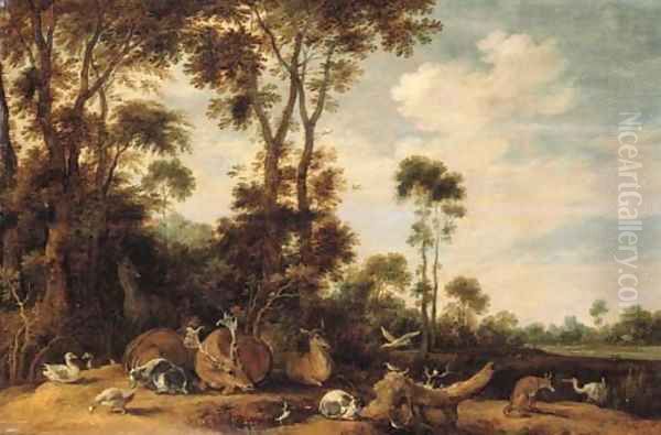 Deer, a goat, a cat, a fox and birds in a wooded landscape Oil Painting by Gillis Claesz. De Hondecoeter