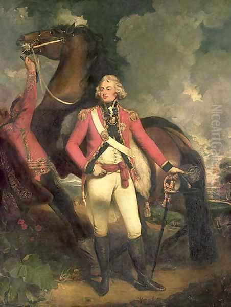 Portrait of HRH Frederick Augustus Duke of York in the uniform of the Colonel of the Coldstream Guards with charger held by a hussar Oil Painting by John Hoppner